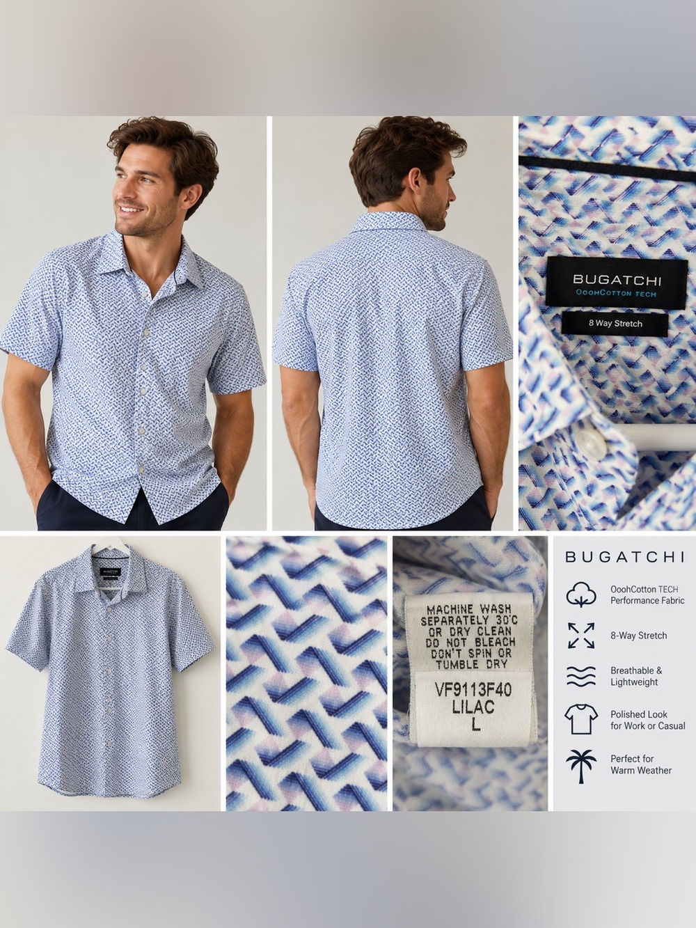 Bugatchi OoohCotton Tech Men’s L Short Sleeve 8-Way Stretch Shirt Lilac Blue